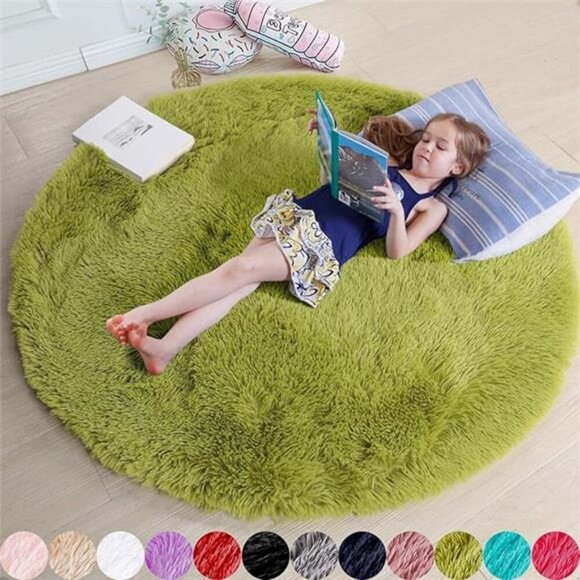 Grass Green Round Rug for Bedroom,Fluffy Circle Rug 4'X4' for Kids Room,Furry - Picture 7 of 7